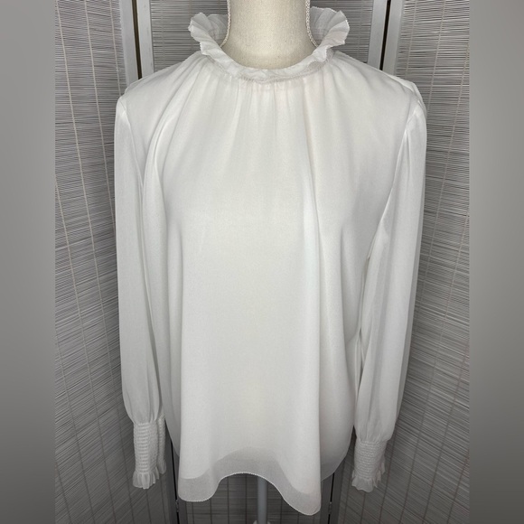 Wilfred Valencia Blouse White Size S Ruffle Neck and Cuffs Keyhole Back - Picture 1 of 11